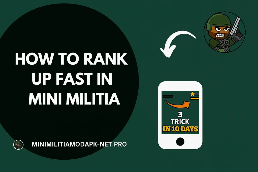 Promotional graphic for Mini Militia featuring the text 'How to Rank Up Fast in Mini Militia' on a dark green and black background, with a cartoon soldier holding a gun and an arrow pointing to a smartphone screen that says '3 Trick in 10 Days'. Website URL shown as minimilitiamodapk-net.pro