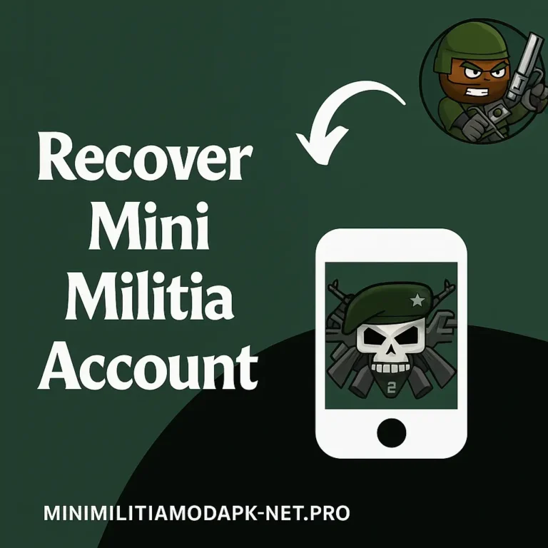 Recover Mini Militia Account guide image showing login recovery steps with a character aiming and tips on fast rank restoration. Play Now! 2025