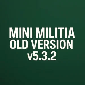 Mini Militia Old Version v5.3.2 green poster with version text – classic mod APK gameplay for Android fans. Play Now!
