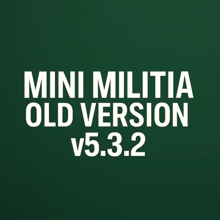 Mini Militia Old Version v5.3.2 green poster with version text – classic mod APK gameplay for Android fans. Play Now!