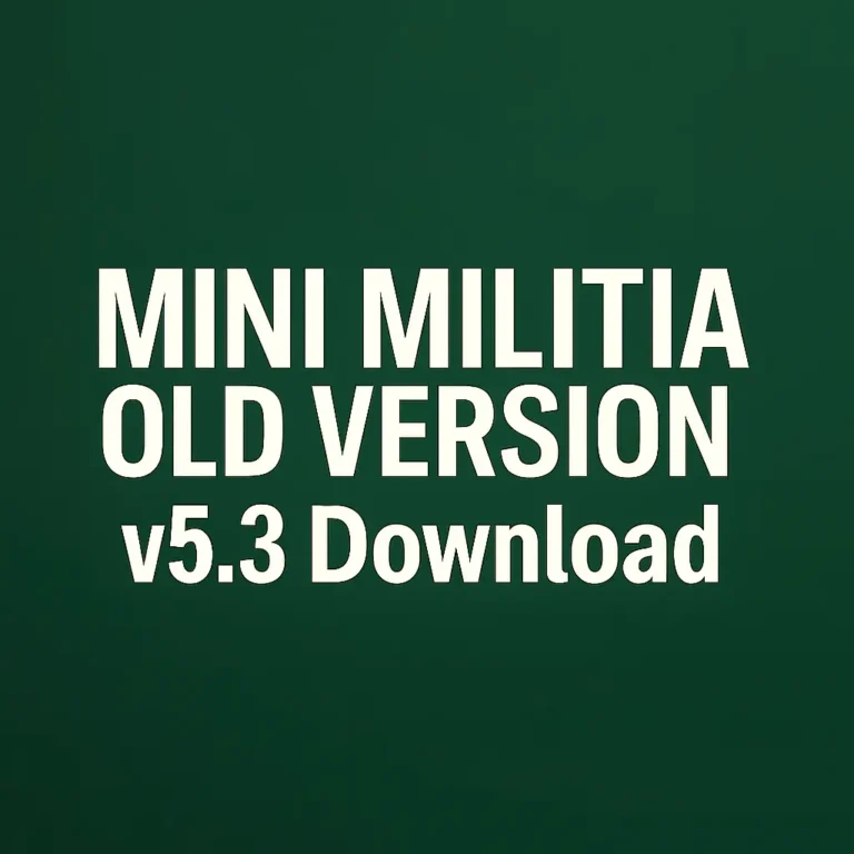 Mini Militia Old Version v5.3.7 Download text on a dark green background – classic mod APK graphic for nostalgic gameplay. Play Now!